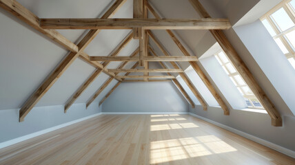 Spacious attic room with exposed wooden beams and sunlit hardwood floors.