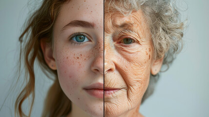 Conceptual portrait juxtaposing youth and aging on a woman's face.