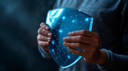 Person Holding a Blue Digital Shield with Technology Symbols, Digital Shield, technology, person, protection