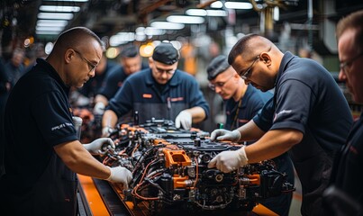 Team of Men Working on Engine in Factory