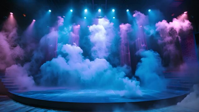 Stage light with smoke neon colors. Purple and blue. Laser neon red and blue light rays flash and glow. Festive concert club and music hall abstract 3D animation for pop, rock, rap music show. 4k neon