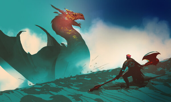 Digital illustration painting design style a huge dragon against hunter with holy axe.