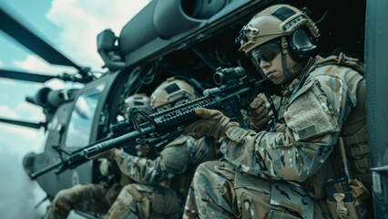 Soldiers in combat gear aboard a helicopter on a mission, with a tense and focused atmosphere.