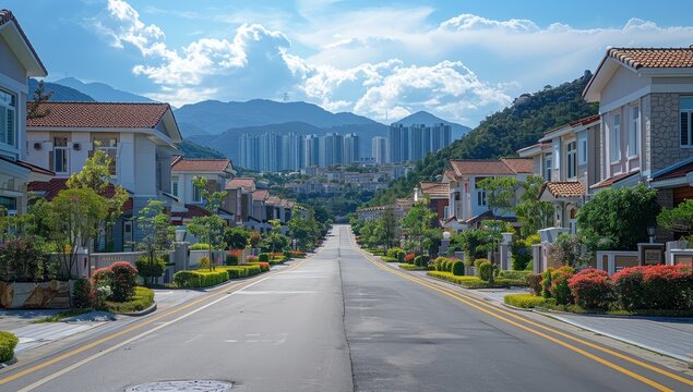 empty street in front of two rows of houses on both sides with mountainous terrain and a blue sky with white clouds in summer. 