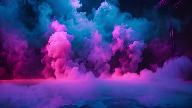 Stage light with smoke neon colors. Purple and blue. Laser neon red and blue light rays flash and glow. Festive concert club and music hall abstract 3D animation for pop, rock, rap music show. 4k neon
