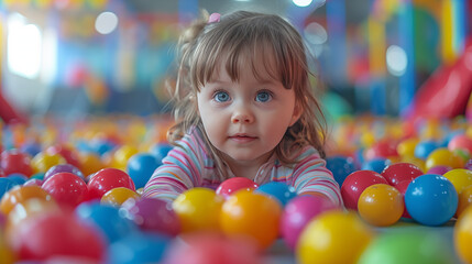Cute little girl playing with colorful balls in kindergarten or preschool.
