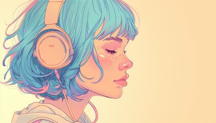 Beautiful girl with blue hair and headphones