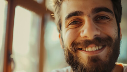 Close-up of a bearded man smiling warmly, reflecting a contagious happiness and approachable demeanor. - obrazy, fototapety, plakaty