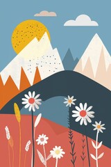 Fototapeta premium Abstract serene illustration featuring layered mountains with a warm sun and blooming flowers in a calming color palette, invoking a sense of peace and nature's beauty. Great as banner design.