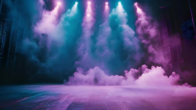 Stage light with smoke neon colors. Purple and blue. Laser neon red and blue light rays flash and glow. Festive concert club and music hall abstract 3D animation for pop, rock, rap music show. 4k neon