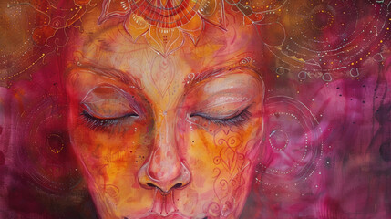 A serene face with closed eyes, embellished with intricate patterns and a warm, ethereal glow
