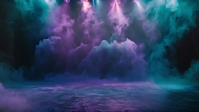 Stage light with smoke neon colors. Purple and blue. Laser neon red and blue light rays flash and glow. Festive concert club and music hall abstract 3D animation for pop, rock, rap music show. 4k neon
