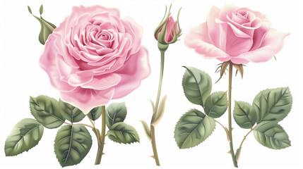 A set of pink roses with green leaves, vector illustration on a white background, in a pastel color scheme, in the clipart style, with high resolution, high detail, and high quality, in the hyper real