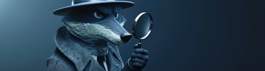A detective wolf wearing a hat and coat holding a magnifying glass in dark blue background - obrazy, fototapety, plakaty