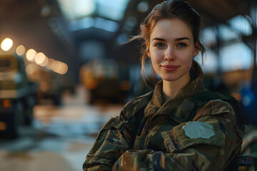 Confident Female Soldier in Camouflage at Military Hangar - obrazy, fototapety, plakaty