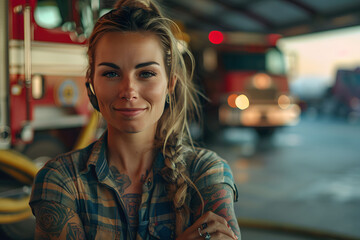 Confident Female Firefighter at Sunset, Heroic  portrait