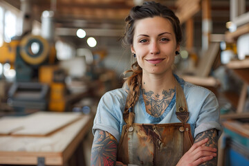 Skilled Tattooed Female Woodworker Smiling in Bright Workshop Space - obrazy, fototapety, plakaty