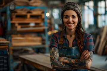 Obraz premium Skilled Tattooed Female Woodworker Smiling in Bright Workshop Space