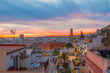 Alicante city centre aerial panoramic view at sunset. Alicante is a city in the Valencia region, Spain.