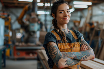 Skilled Tattooed Female Woodworker Smiling in Bright Workshop Space - obrazy, fototapety, plakaty