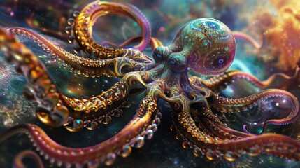 Cosmic Cephalopod, A hyper-realistic octopus glimmers with a cosmic array of colors and patterns, its tentacles spreading through space like nebulae in an otherworldly underwater scene