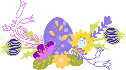 Fototapeta na wymiar Cute cartoon composition of isolated botanical elements and symbolic Easter elements in flat style. Minimalist style of modern art. Spring digital illustration