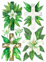 Green Leaves and White Lily Christian Cross Watercolor Illustration Generative AI