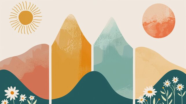 Abstract serene illustration featuring layered mountains with a warm sun and blooming flowers in a calming color palette, invoking a sense of peace and nature's beauty. Great as banner design.