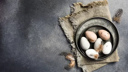 Foto op Plexiglas Fresh chicken eggs on a metal tray. Preparation for Easter. Top view. © Yaruniv-Studio