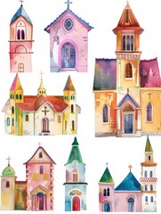 Vibrant Catholic Church Architecture in Watercolor Style Generative AI