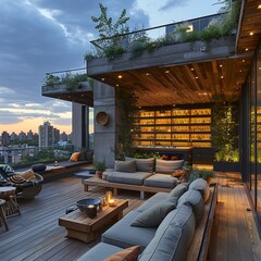 Contemporary rooftop terrace with comfortable lounging areas and city views - obrazy, fototapety, plakaty
