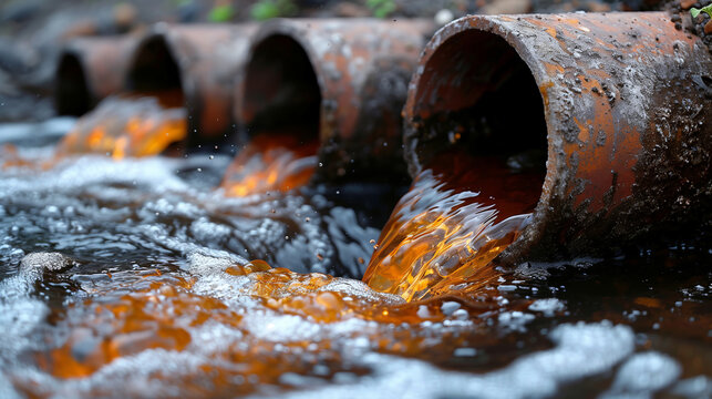 Dirty water pours out of the pipes into the river. Water pollution