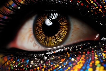 close view of woman's eye with decorative art makeup on her face - obrazy, fototapety, plakaty