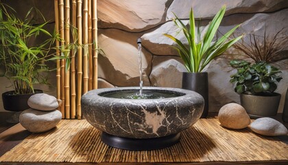 a zen-inspired indoor water fountain with natural stone elements, bamboo accents, and cascading water features, - obrazy, fototapety, plakaty