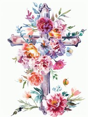 Easter Religious Floral Illustration with Watercolor Flowers on White Background Generative AI