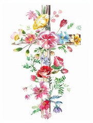 Easter Religious Floral Illustration with Watercolor Flowers on White Background Generative AI