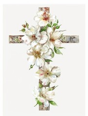White Watercolor Illustration of Cross with White Flowers Generative AI