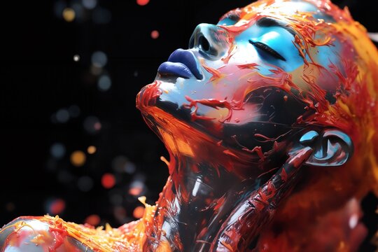 woman with fire painted body is looking up at something in the air, 3D render, computer art