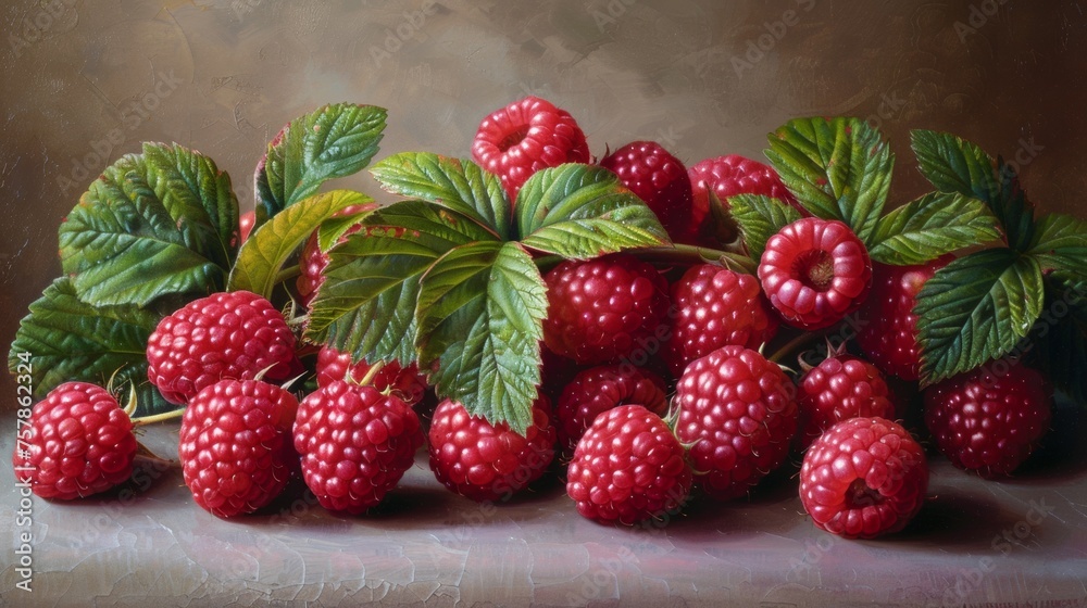 Poster a painting of a bunch of raspberries with leaves on them, ai