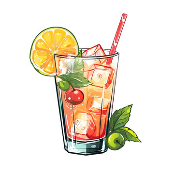 cocktail with ice and lime. Premium PNG format for designs and patterns. White transparent background.