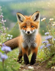 The whimsy of a baby fox smelling a meadow filled with flowers, with soft focus and dreamy lighting