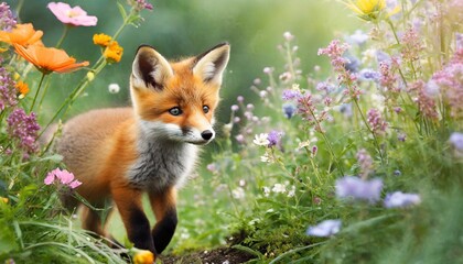 The whimsy of a baby fox smelling a meadow filled with flowers, with soft focus and dreamy lighting