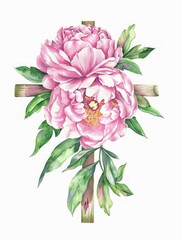 Pink Peony and Rose at Jesus' Cross on Easter Generative AI