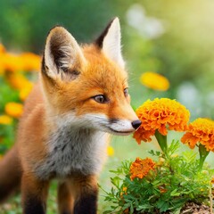 The whimsy of a baby fox smelling a meadow filled with marigolds, with soft focus and dreamy lighting