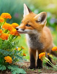 The whimsy of a baby fox smelling a meadow filled with marigolds, with soft focus and dreamy lighting