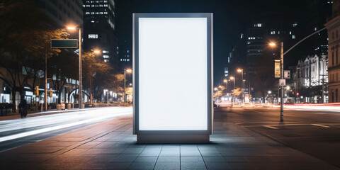 empty blank billboard mockup or advertising poster on the sidewalk at night - obrazy, fototapety, plakaty