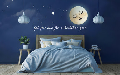 World Health Day concept poster with the text "Get Your Zzz's for a Healthier You!" with an image of a cozy bed and a sleeping moon, generative ai