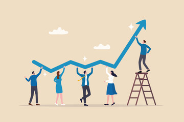 Growth strategy, team collaboration to grow business success, teamwork or partnership to develop or improve work efficiency concept, businessman and woman employee team help grow rising arrow chart. - obrazy, fototapety, plakaty