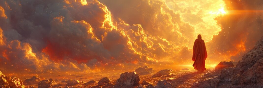 A photo of Prophet Moses standing in the desert, with a fiery sky in the background.