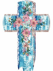 Easter Cross on Blue Watercolor Background with Floral Design Generative AI